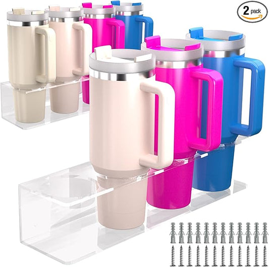 2 Pack Acrylic Cup Holder Organizer for Stanley 40 oz, Large Heavy Duty Stanley Cup Holder, Spray Can Holder Storage Rack, Holds 8 Tumblers for Home Office & Kitchen, Wall Mounted with Accessories