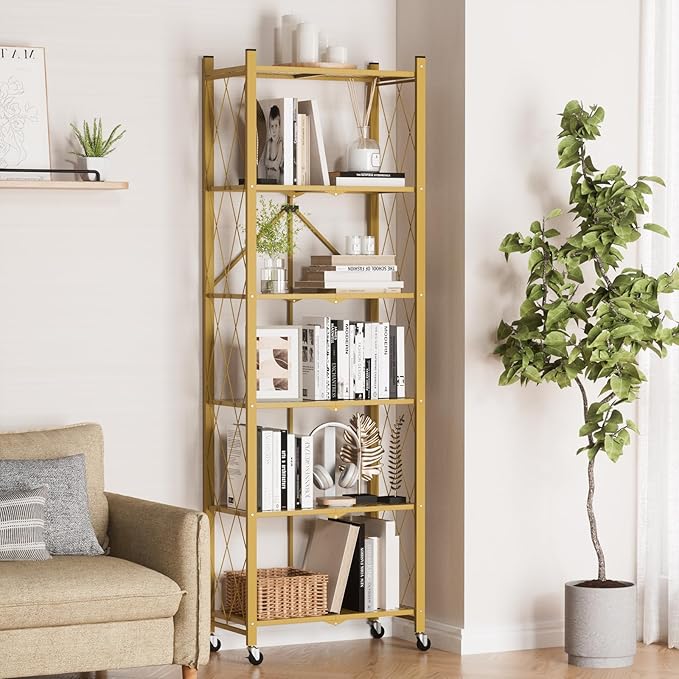 ALANNG 73.6 Inch Folding Bookshelf, 6 Tier Metal Bookcase and Bookshelves, Tall Shelves for Living Room Office Bedroom, Heavy Duty Book Shelve Free Standing Open (Gold, 1PACK)