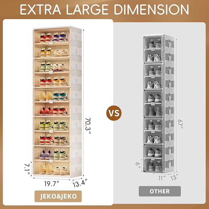 JEKO&JEKO 10 Tiers Foldable Shoe Rack Organizer Cabinet for Closet Entryway, Large Collapsible Shoe Storage Box with Magnetic Doors (White)-NeatNest