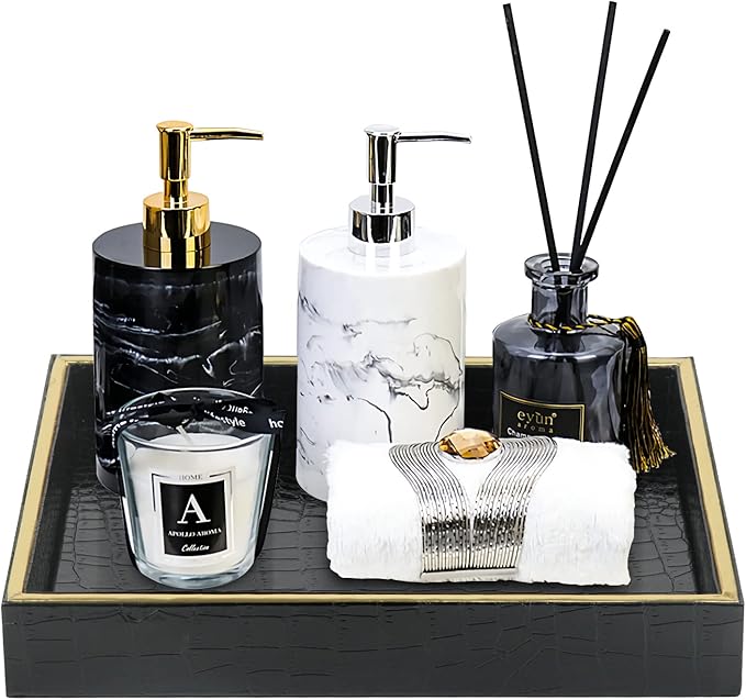 HofferRuffer Faux Leather Vanity Tray, Elegant Desktop Storage Organizer, Decorative Catchall Perfume Tray, Bathroom Valet or Nightstand Dresser Organizer (Black Croco)-NeatNest