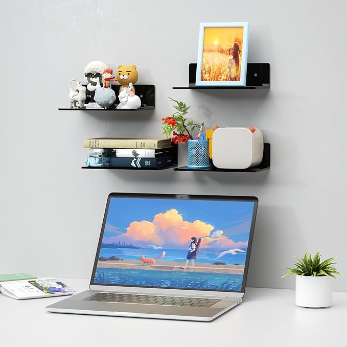 9 Inches Acrylic Wall Shelves 2 Pack, Floating Shelf for Wall Mounting, Acrylic Display Ledges for Funko Pop Figures, Home Décor, Living Room, Gaming Room, Plants(9 inch, Black)-NeatNest
