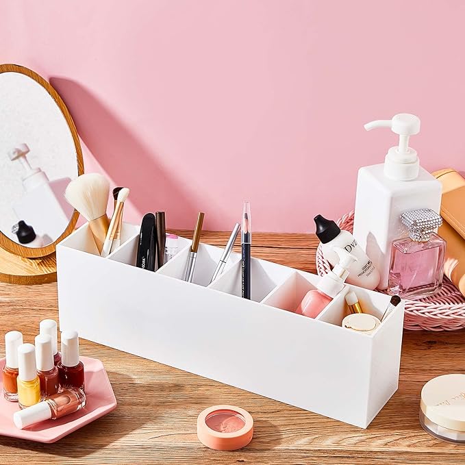Jetec Acrylic Pen Holder 6 Compartments Makeup Brush Stationery Organizer Pencil Holder for Desk Accessories, Cosmetic Brushes, Dorm, Home, Bathroom, Kitchen, Office Supplies(White)-NeatNest