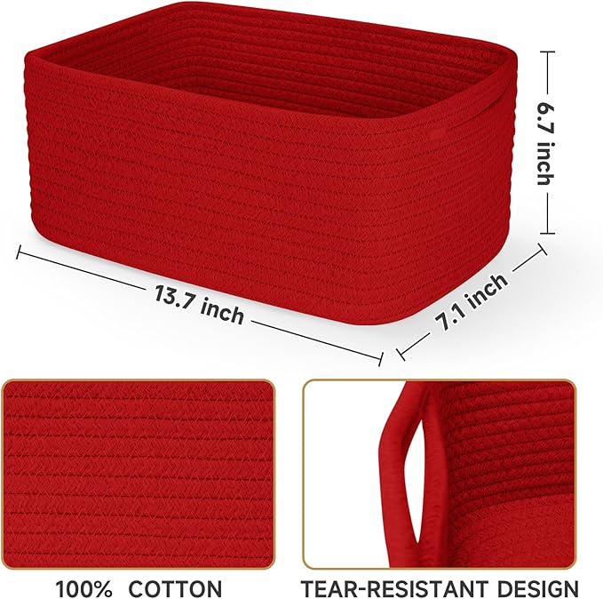 3-Pack Storage Baskets for Organizing | Woven Shelf Toy Basket | Rope Baskets for Gifts Empty | Closet Organizer Bins with Handles | Cube Decorative Box | 13.7×7.1×6.7” | Red-NeatNest