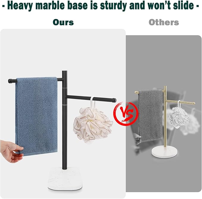Hand Towel Holder, F-Shape Hand Towel Stand with Marble Base, Stainless Steel Swivel Hand Towel Rack Bar Standing for Bathroom Kitchen Countertop, 2 Arms (Matte Black)