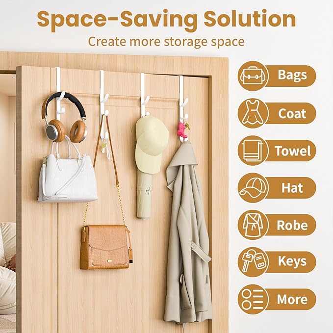 Over The Door Hooks Hanger,Over The Door Towel Hook Organizer Hanging for Coat Clothes Backpack hat Purse Metal Towel Rack Back of Shower for Bathroom,Dorm,Bedroom,Kitchen,Office Closet White-4Packs