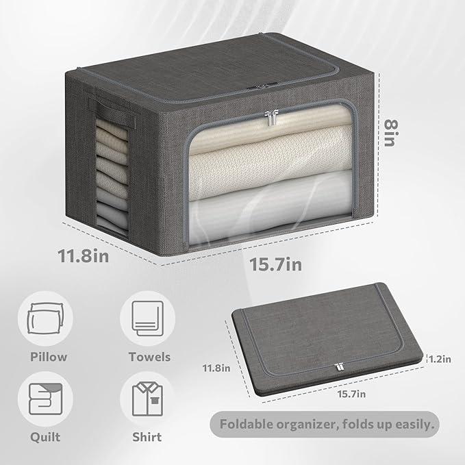 4 Pack Clothes Storage Bins with Metal Frame - Linen Fabric Foldable Stackable Container Organizer Set with Clear Window & Carry Handles & Zippers (Dark Gray, 15.7"x11.8"x7.8")-NeatNest