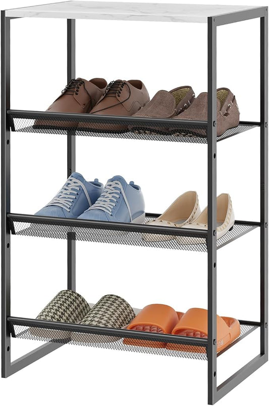 Garden 4 you 4 Tiers Narrow Shoe Rack,Small Space Freestanding Shoe Storage Organizer with White Wooden Tabletop,Adjustable Metal Shelf Stackable Shoe Shelf for Entryway Hallway Living Room Closet-NeatNest