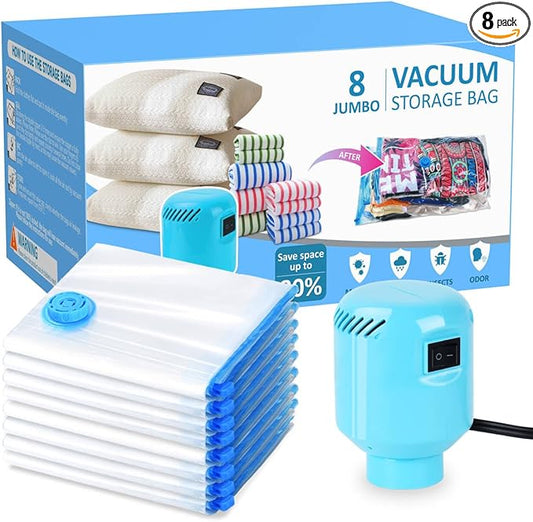 Vacuum Storage Bags for Blankets and Comforters 8 Jumbo Vacuum Seal Bags for Clothing Blankets Bedding with Electric Pump Compression Bag for Travel Luggage Jumbo Space Saver Storage Bag-NeatNest