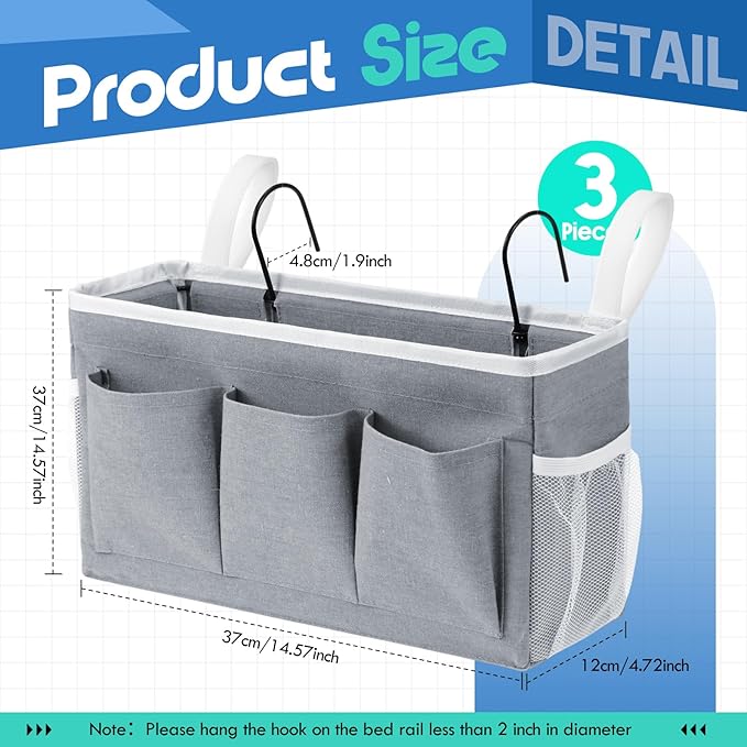 3 Pcs Bedside Caddy Storage Organizer, Bedside Hanging Storage Bag with Pockets and Fixed Straps for Bunk Bed Shelf Dorm Rooms Crib Bed Rails Hospital Beds, Can Be Placed Glasses Books-NeatNest