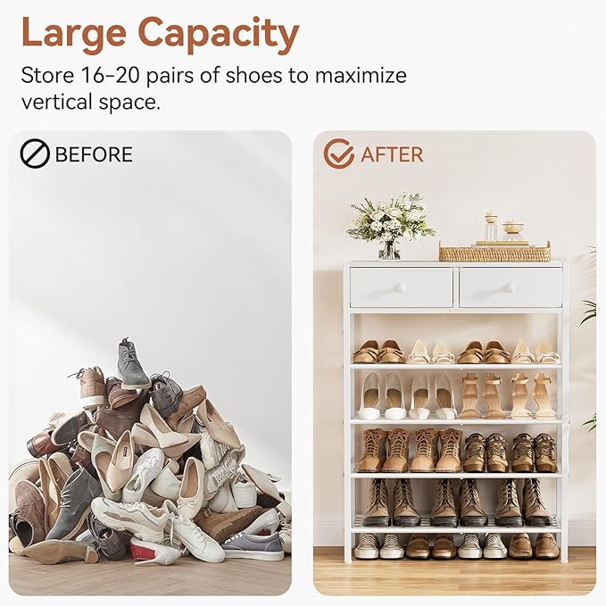 Shoe Rack for Entryway, 5 Tier Shoe Organizer with 2 Non-Woven Drawers, Metal Storage Shoe Shelf for 16-20 Pairs of Shoes, with Wooden Top and Steel Frame, Shoe Stand for Closet Greige-NeatNest