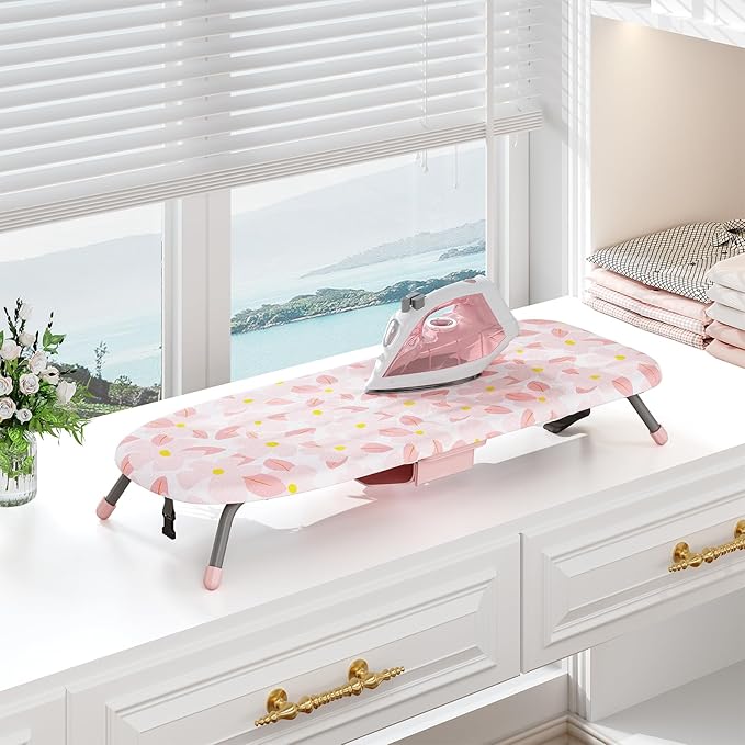 APEXCHASER Small Ironing Board with Iron Holder, Compact Iron Board with Non-Slip Feet, Portable Tabletop Ironing Board with Cotton Cover for Small Spaces and Travel, Pink