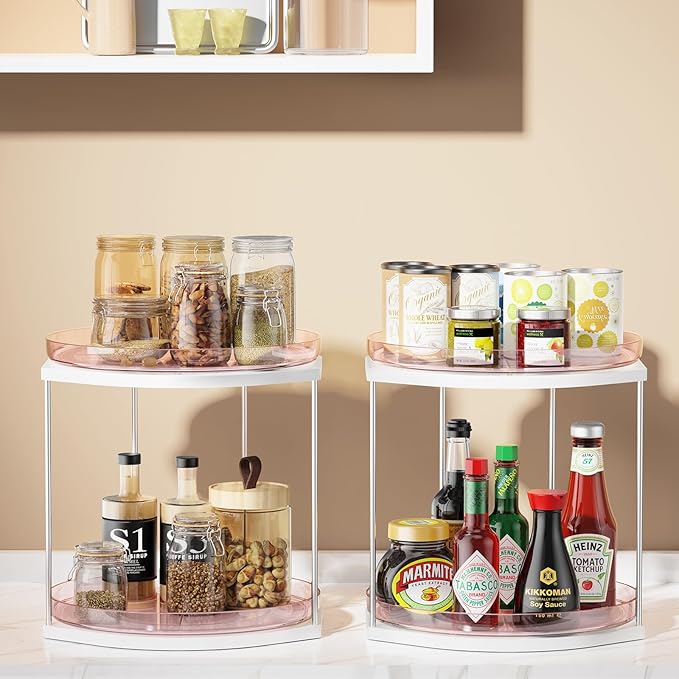2 Pack 2-Tier Lazy Susan Turntable Organizer – 9.05” Rotating Spice Rack Organizer for Cabinet, Pantry, Tabletop & Counter – Clear Acrylic Lazy Susan for Kitchen, Bathroom & Vanity