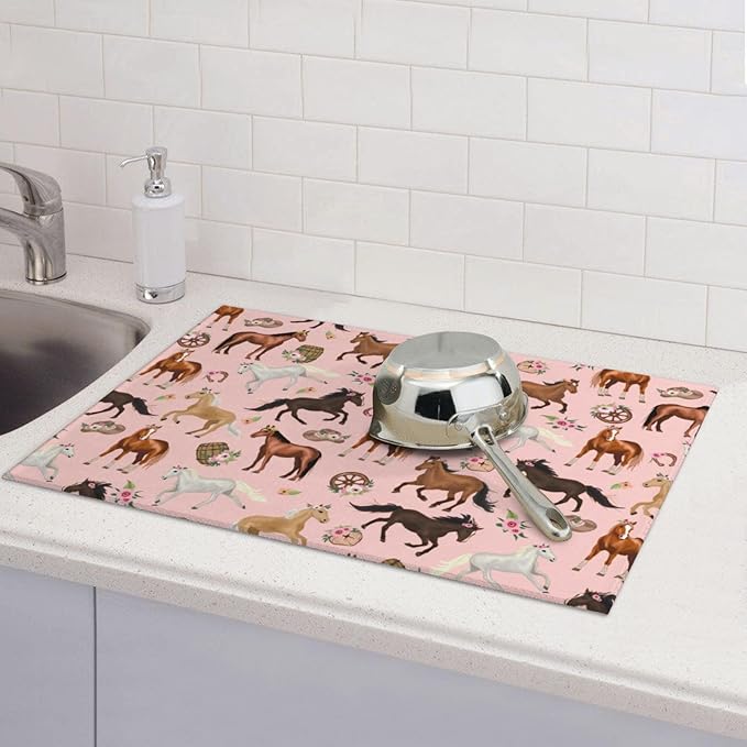 Horse Dish Drying Mat for Kitchen Counter Cute Kitchen Mat Microfiber Kitchen Countertop Absorbent Reversible Drainer Rack Pad Dish Drying Mat 18 x 24 Inch