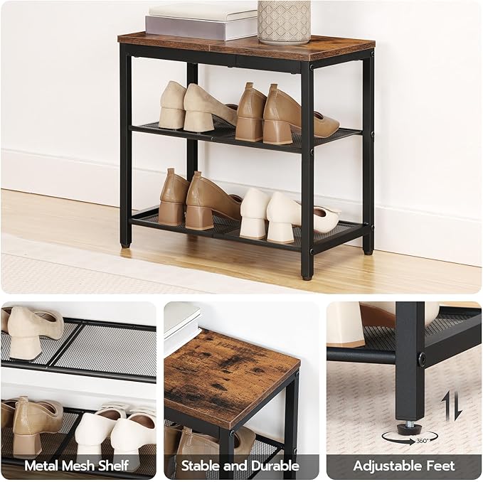 HOOBRO Shoe Bench, 3-Tier Shoe Rack, Industrial Shoe Organizer Storage Bench, 19.7 inches Entry Bench with Mesh Shelves, for Entryway, Living Room, Hallway, Easy Assembly, Rustic Brown BF50HX01-NeatNest