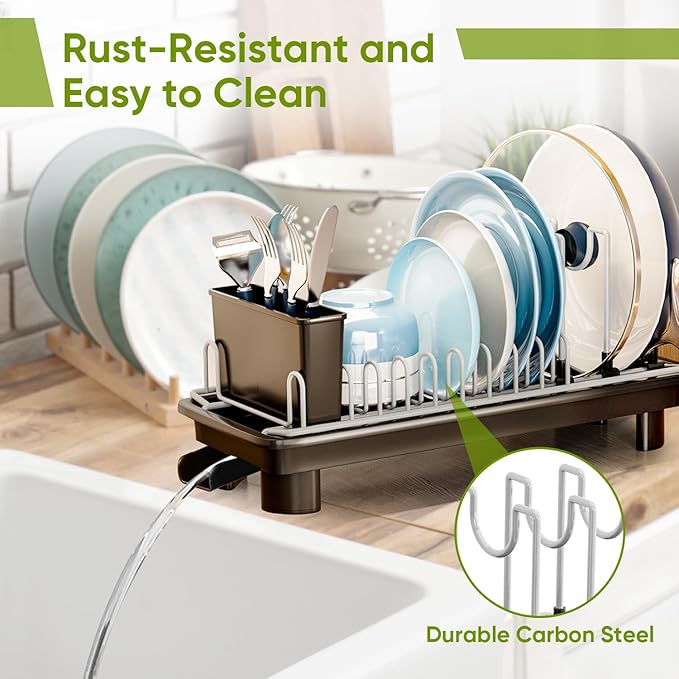 VUSIGN Dish Drying Rack with Drainboard, Dish Rack, Dish Drainers for Kitchen Counter Extendable Spout Strainers with Removable Utensil Holder, Adjustable Pot Rack, Black