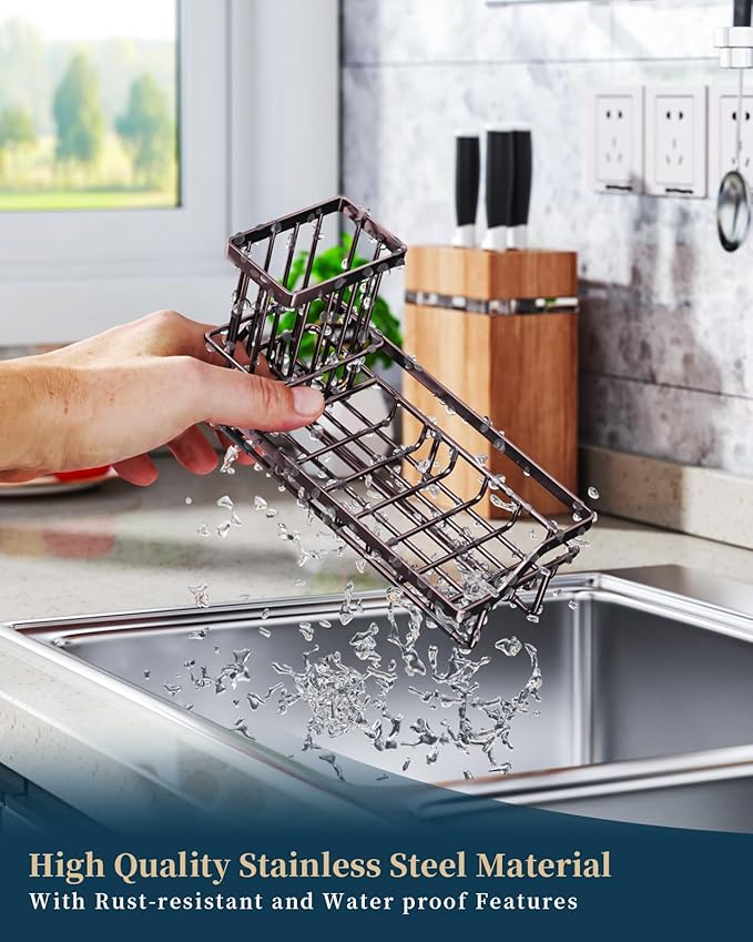 Consumest Sink Caddy Kitchen Organizer, Sponge Holder for Kitchen Sink with Removable Drip Tray for Countertop Dish Soap Holder Dispenser Brush Holder, 304 Stainless Steel - Bronze-NeatNest
