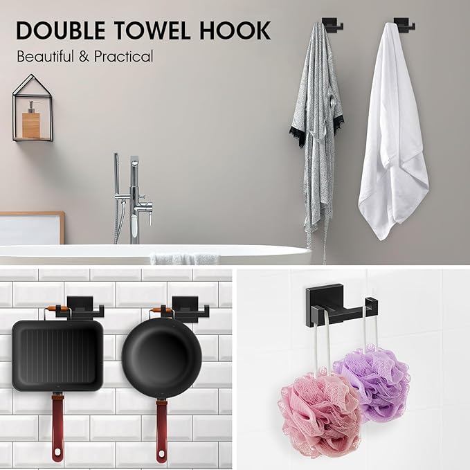 BOZWELL Double Towel Hooks for Bathroom Matte Black Wall Mount，2 Pack Modern Square Style Coat Robe Hook，Stainless Steel Heavy Duty Door Hanger for Bathroom Bedroom Kitchen Hotel Pool 1502-B-2