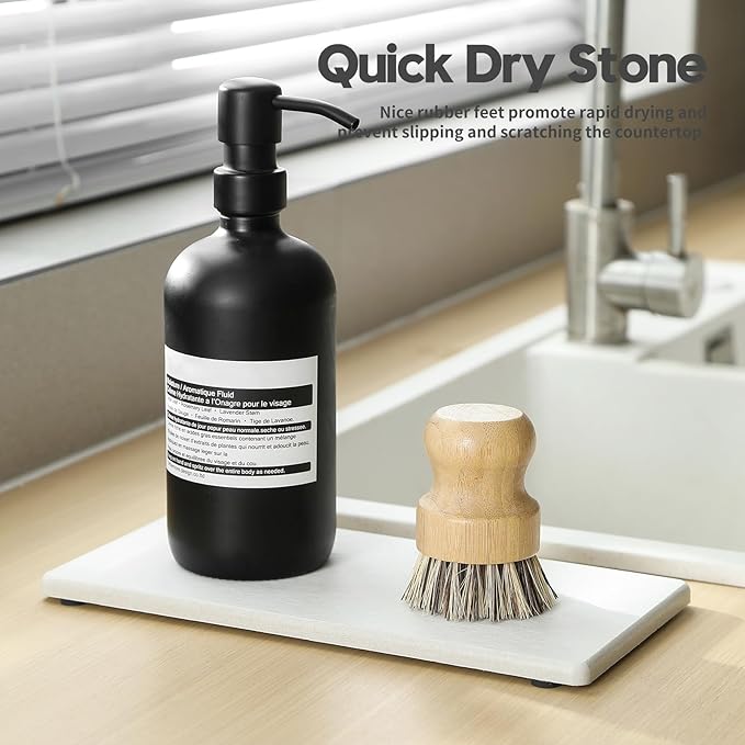 2PCS 10"x 5" Large Bathroom Sink Vanity Trays, Water Absorbing Diatomite Stone Quick Drying Mat for Kitchen Counter, Dish Rack Dispensers Sponge Holder Caddy Organizer, Beige, 10"x 5"-NeatNest