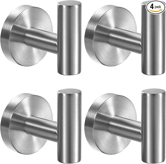 Kruodop Towel Hooks for Bathroom,4 Packs Wall Mount Towel Holder,Black Matte Wall Robe Hook,Stainless Steel Heavy Duty Door Hanger Towel Hook for Kitchen, Bedroom,Hotel,Pool,Coats - Silver