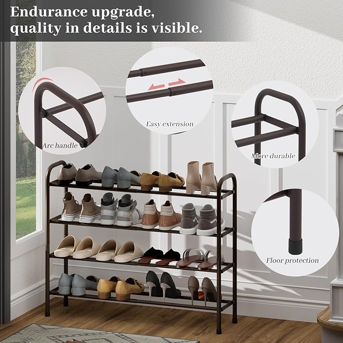 Expandable Shoe Rack, Adjustable Shoes Organizer Metal, Space-Saving Storage Shelf for Closet, Entryway, Front Door & Hallway,Sturdy and Easy Assembly (Brown, 4-Tier)