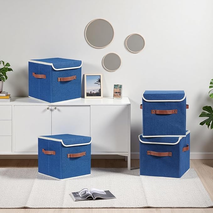 2PCS Storage Cubes with Lid Fabric Bins Boxes PU Leather Handles Cotton Linen Closet Organizer Container Decorative Foldable Washable Shelf Cloth Basket (Flip-top Lid, Deep Blue, 11in)-NeatNest