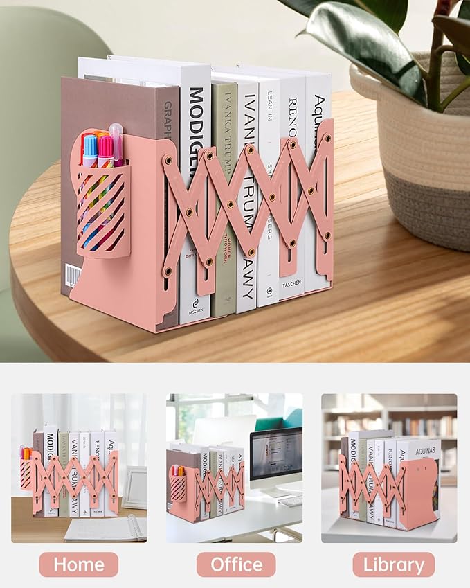Honagu Adjustable Bookends, Metal Book Ends for Shelves Heavy Book, Desk Magazine File Organizer for Home, Office, Books, Papers, Extends up to 19 inches with Pen Holder (Pink)