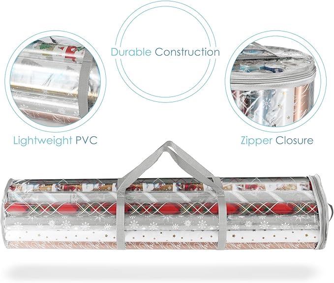 Hearth & Harbor Wrapping Paper Storage Container and Clear Wrap Paper Holder - Christmas Storage Bag with Interior Pockets - Fits Up to 36 Rolls of 40" - Tear Proof, Silver-NeatNest
