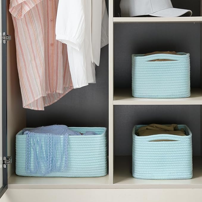 3-Pack Small Storage Baskets for Organizing | Woven Shelf Toy Basket | Rope Baskets for Gifts Empty | Closet Organizer Bins with Handles | Cube Decorative Box | 11.8×7.8×5.1” | Light Blue-NeatNest