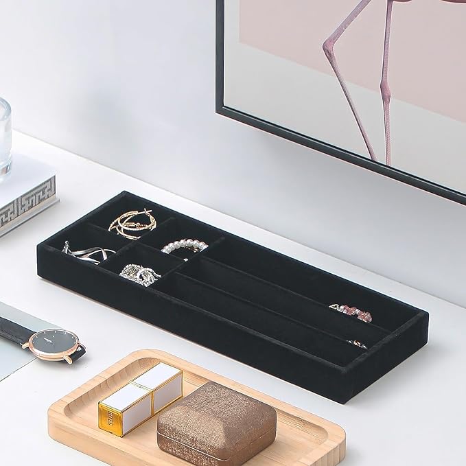 2Pcs Desk Drawer Storage Tray, Nightstand Organizer Tray, Necklace Bracelet Ring Earring Jewelry Display Tray, Grid Table Organizer Holder Tray for Sunglass, Phone, Watch, Perfume (7 grid)/Black-NeatNest