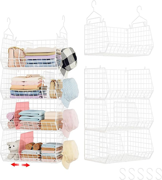 4 Tier Closet Hanging Organizer with Dividers,Extra Large Closet Storage Hanging with 5 S Hooks 4 Dividers,Clothes Organizer Clothing Sweaters Clutches Handbags Hats Accessories-White