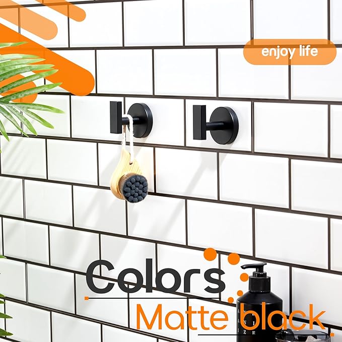 Robe Hook Matte Black Bath Towel Hooks Stainless Steel Wall Hooks for Bathroom Kitchen Closet Garage Door Hanger 2 Pack, AN1001MB-P2