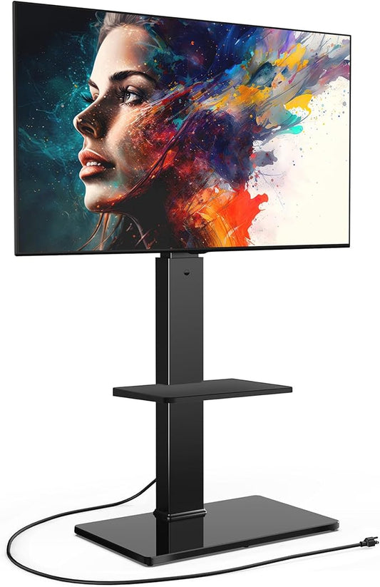 FITUEYES Floor TV Stand for 32-75 inch TV with Power Outlet, Tall TV Stand for Bedroom Living Room with Tempered Glass Base, Floor TV Mount Holds Up to 88lbs MAX VESA 600x400mm,Black-NeatNest