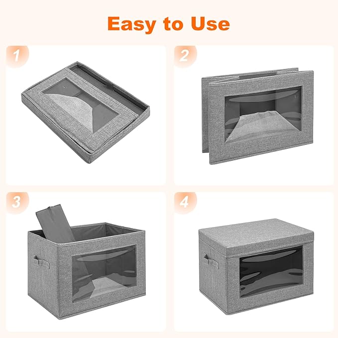 4-Pack Fabric Storage Bins with Lids, Foldable Storage Boxes with Handles & Clear Window, Closet Organizers for Clothes, Books (Grey, 4PCS/11.4 x 8.6 x 6.7 in)-NeatNest