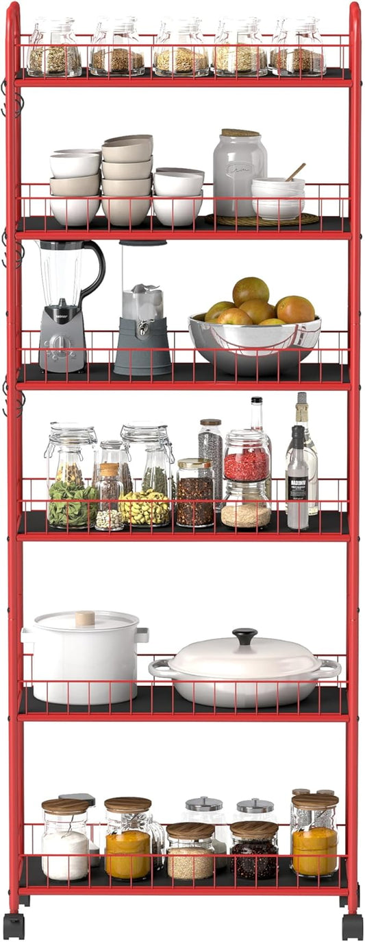 6 Tier Slim Storage Cart with Wheels Metal Rolling Organizer Utility Cart Narrow Mobile Shelving Unit Tiered Storage Shelf on Wheels for Kitchen Bathroom (Red, 10")