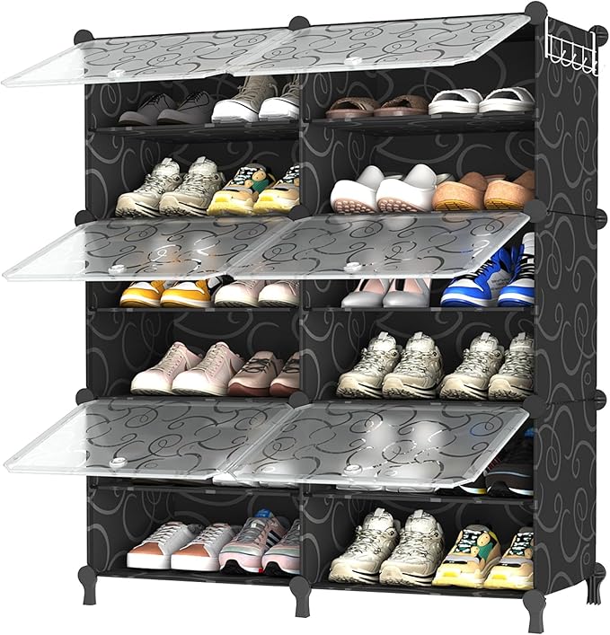 AWTATOS Shoe Rack, 6 Tier Shoe Storage Cabinet with Door, 24 Pair Shoe Organizer Shelves for Closet Hallway Bedroom Entryway, Black-NeatNest