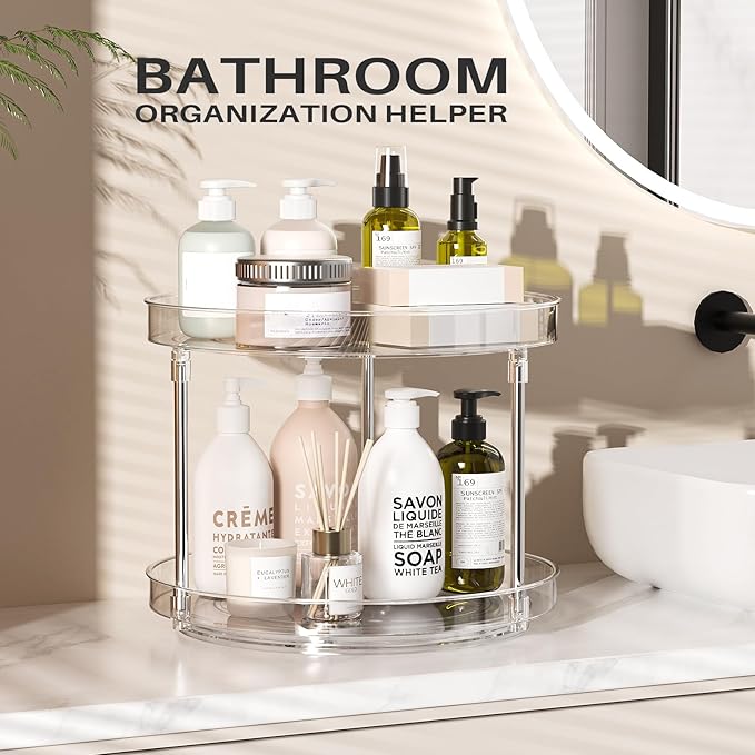 2 Pack 10.6-Inch 2 Tier Lazy Susan Organizer, 360 Degree Rotating Clear Turntable for Cabinet, Makeup and Perfume Organizer for Vanity, Kitchen, and Bathroom Counter Tray-NeatNest