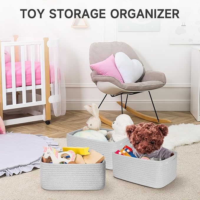 3-Pcs Shelf Baskets for Organizing, Closet Organizer Bins, Small Woven Baskets, Rope Toy Basket, Storage Basket for Shelves, Cube Decorative Box, 11.8×7.8×5.1”, Grey-NeatNest