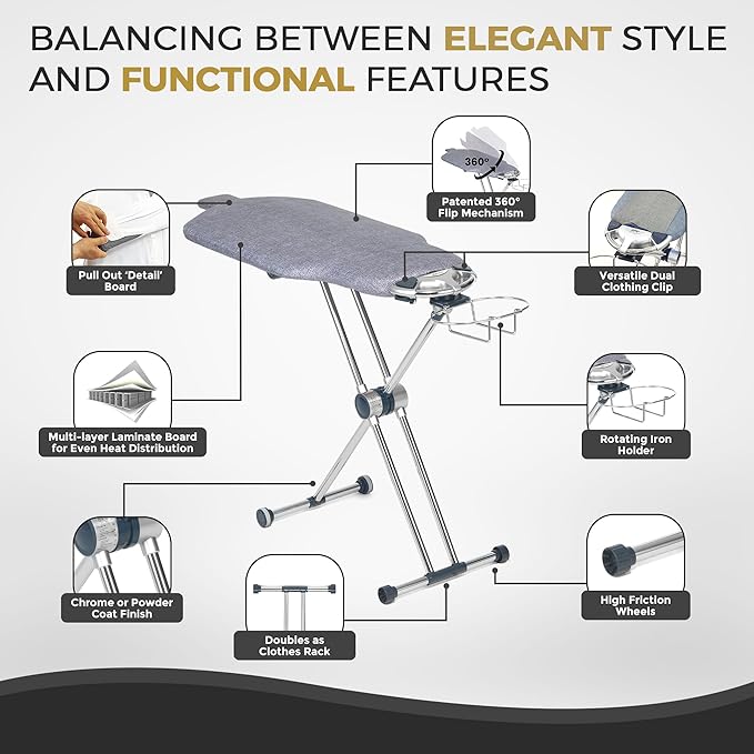 Dazzl 360° Dual-Sided Iron Board - Torso-Shaped Ironing Board Full Size with 8-Level Adjustable Height, Rotatable & Detachable Iron Holder, Garment Clips - HDPE Heat-Resistant Surface