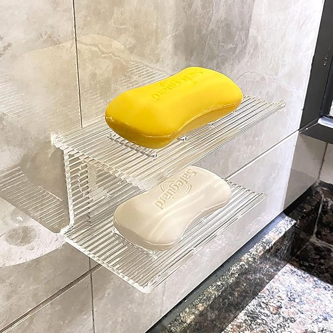 Double Layer Soap Holder, Wall Mounted NO-Drilling Self Draining Soap Dish with Rabbit Ornament, High Transparency Acrylic Bar Soap Sponge Holder for Shower, Bathroom, Bathtub, Kitchen Sink (Stripe)-NeatNest