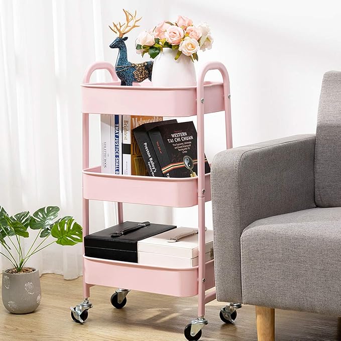 AGTEK Makeup Cart, Movable Rolling Organizer Cart, 3 Tier Metal Utility Cart Pink-NeatNest