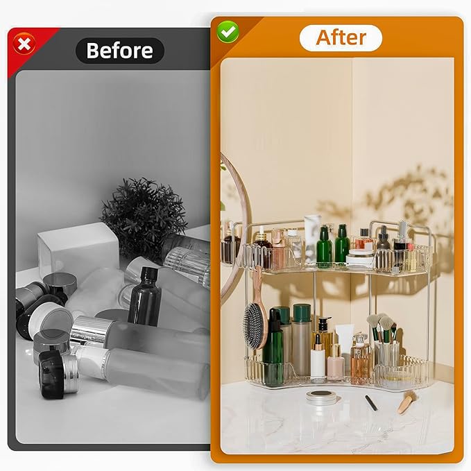 Makeup Organizer for Vanity 2 Tier Bathroom Organizers and Storage Countertop with Hooks Skin Care Exquisite Vanity Organizers Corner Bathroom Counter Storage-Clear-NeatNest