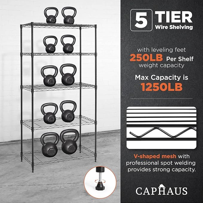 CAPHAUS 3/4/5-Tier Adjustable Height Wire Shelving Unit, Wire Rack Shelving, Metal Steel Storage Shelves, Garage Shelving Storage Organizer, Utility Storage Shelf, 5-Tier Without Wheels, Black-NeatNest