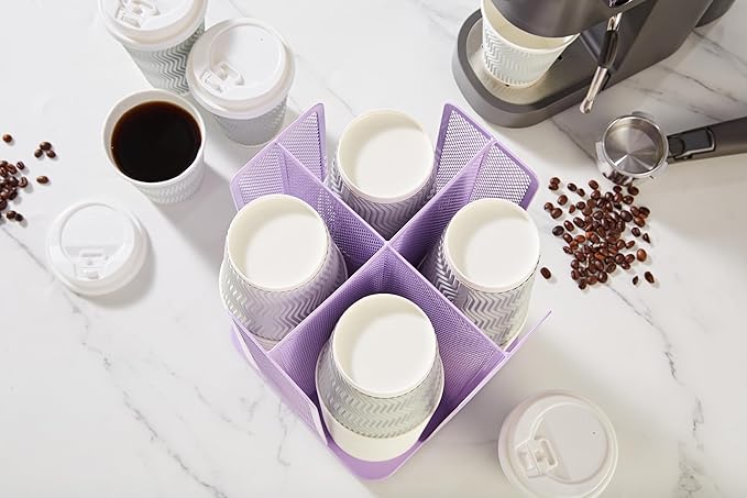 Annova Paper/Plastic Cup and Lid Holder Storage Organizer, 360°Rotating Coffee Cup Dispenser with 4 Compartments, Multifunctional Storage Rack for Home, Office, Bar, Coffee Shop (Light Purple)-NeatNest