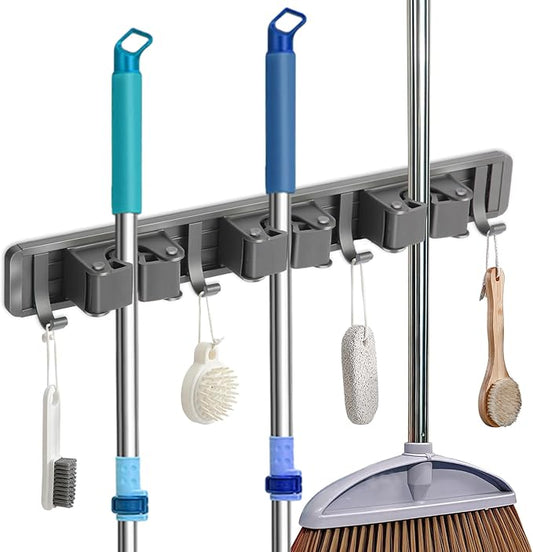 Broom Holder Wall Mount, Aluminum Mop and Broom Holder Hanger with 3 Racks and 4 Hooks, Mop Holder for Laundry Garage Tool Organization-NeatNest