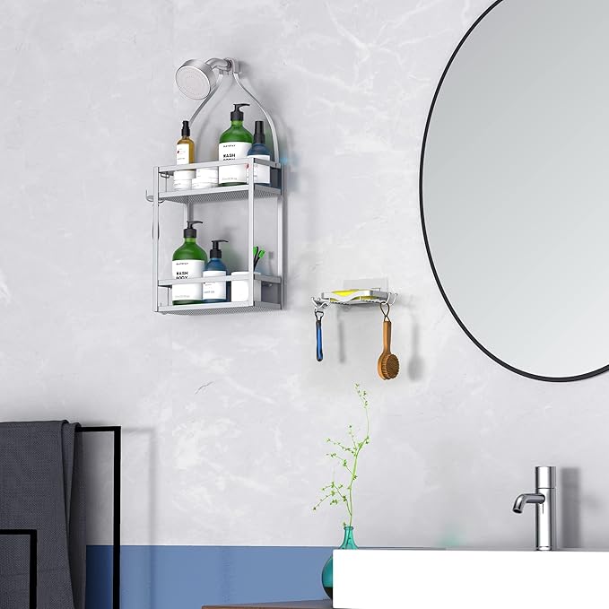 Meangood Shower Caddy Organizer with Soap Holder, Mounting Over Shower Head Or Door, Extra Wide Space for Shampoo, Conditioner, and Soap with Hooks for Razorsand More, Matte Silver