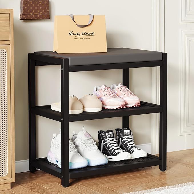 ZHOOGE Small Shoe Bench Shoe Rack Storage Bench Entryway Bench Shoe Shelf with Seat Cushion, Stable Shoe Organizer for Entryway, Living Room, Bench Seat Holds Up to 300 lb, (17"x 10"x 16", L x W x H)-NeatNest