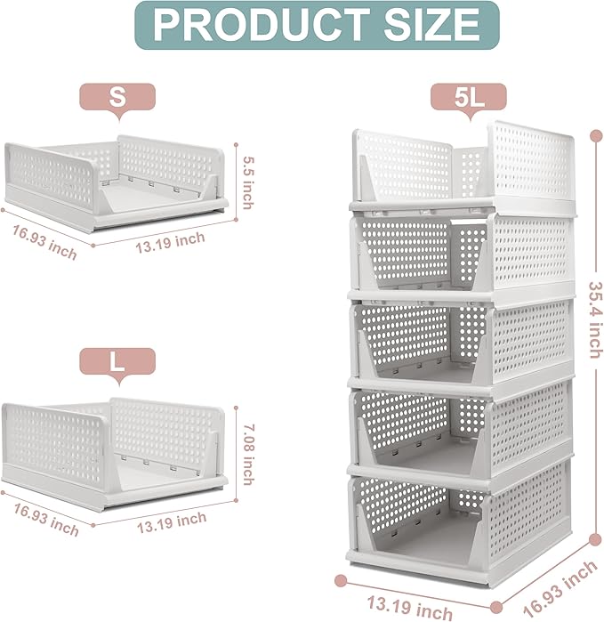 Stackable Foldable Storage Baskets, Folding Storage Bins, Closet Organizers and Plastic Drawer Shelf Storage Container for Wardrobe, Cupboard, Kitchen, Bathroom, Office (White, 5L)