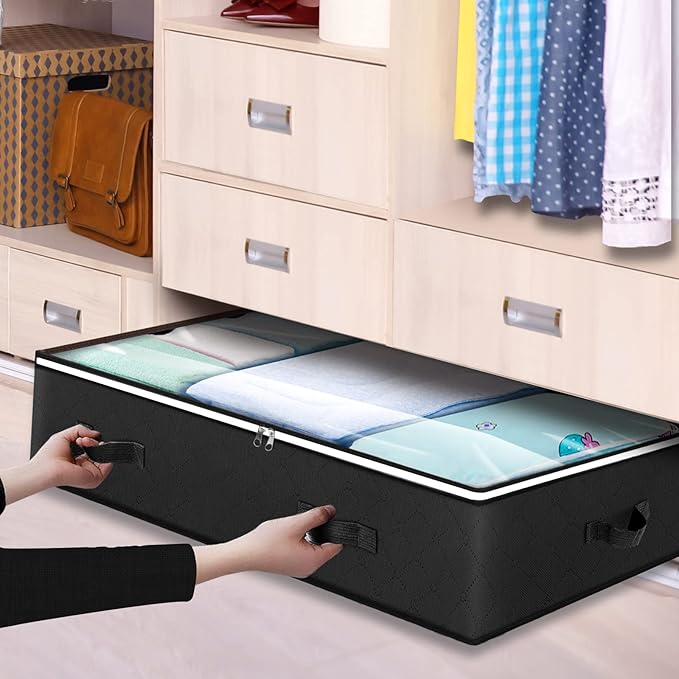 Budding Joy 90L Under Bed Storage Containers, Closet Organizers and Storage Bins, Foldable Underbed Storage Bags for Blankets, Towels, Comforter, Sweaters, Pillows, Linen Sheets, Wrapping Paper，Black-NeatNest
