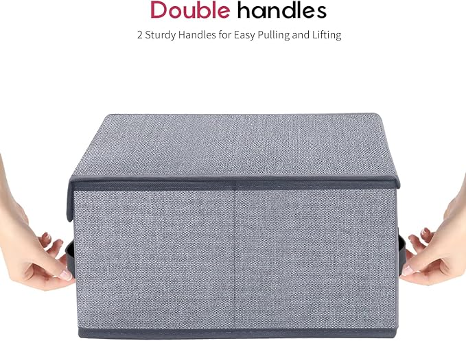Onlyeasy Foldable Storage Bins Cubes Boxes with Lid - Storage Box Cube Cubby Basket Closet Organizer Pack of 2 with Leather Handles for Closet Bedroom, 13" x 13", Linen-like Grey, MXDLB2P