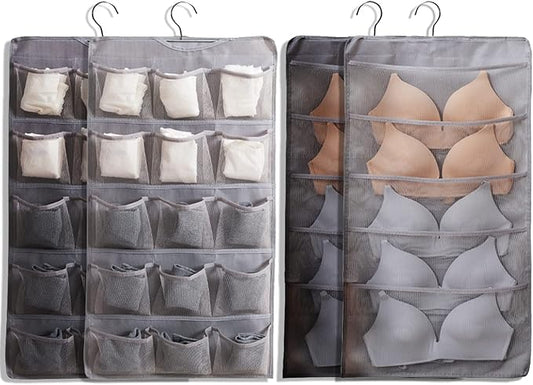 AARAINBOW Hanging Bra Organizer with Pockets, Hanging Sock Organizer, Dual Sided Hanging Closet Underwear Storage Holder for Lingerie, Panty Tie (20+20 Pockets, 2 Gray)-NeatNest
